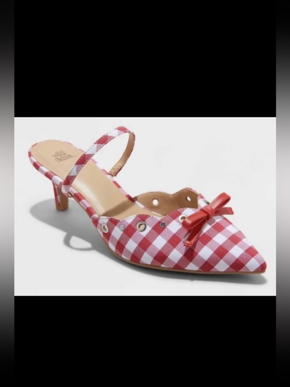 Red Gingham Pointed-Toe Slingback Mules with Bow